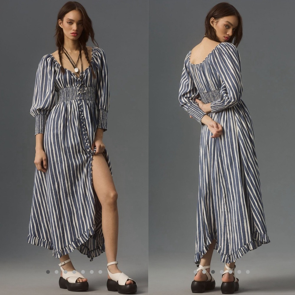 NWT By Anthropologie Long Sleeve Striped Sweetheart Midi Dress Blue Medium